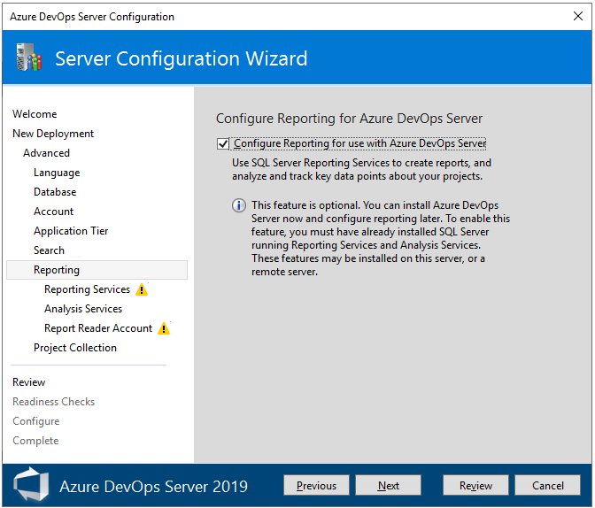 Screenshot: Erweitert, Berichterstellung, Azure DevOps Server 2019 und höher.