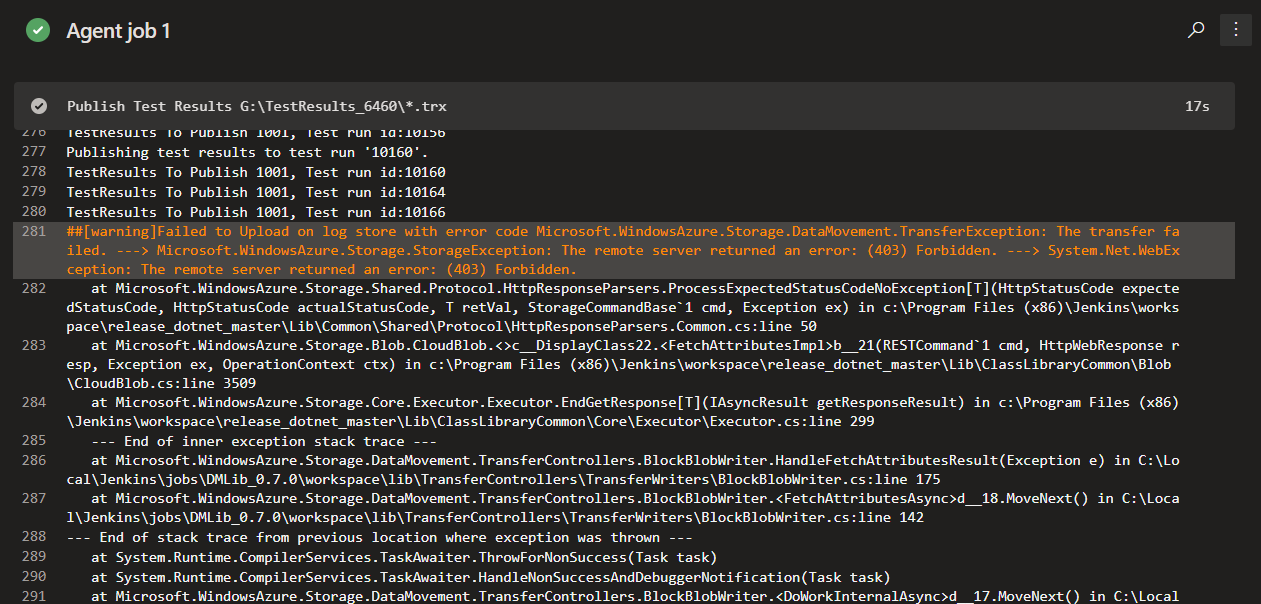 Screenshot showing a 403 error returned in the logs.