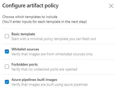 Screenshot showing the Configure artifact policy dialog box with the list of templates to include.