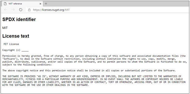 Screenshot eines Browserfensters, in dem der MIT-Lizenztext aufgelöst wird