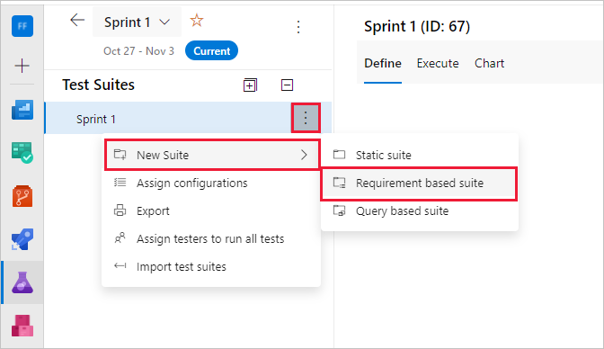 Screenshot zeigt das Erstellen einer anforderungsbasierten Testsuite für Azure DevOps Server 2020 und Azure DevOps Services.
