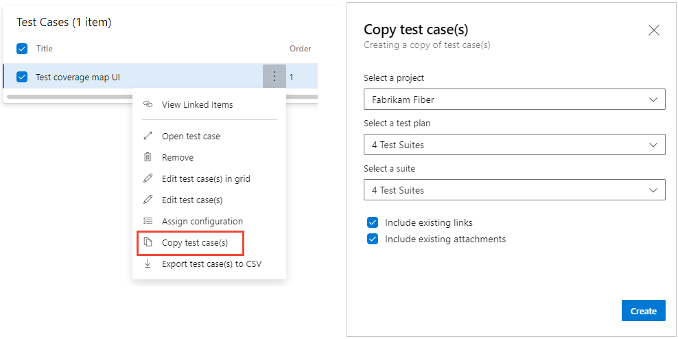 Define tab copy test cases menu option and dialog.