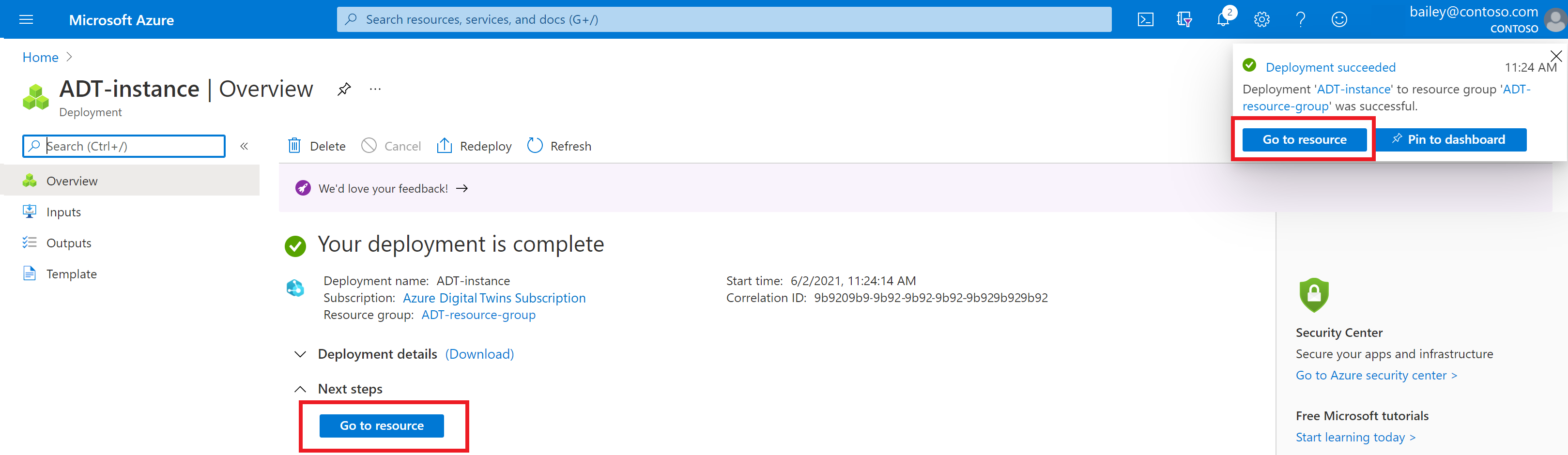 Screenshot der Bereitstellungsseite für Azure Digital Twins im Azure-Portal. Auf der Seite wird angegeben, dass die Bereitstellung abgeschlossen ist.