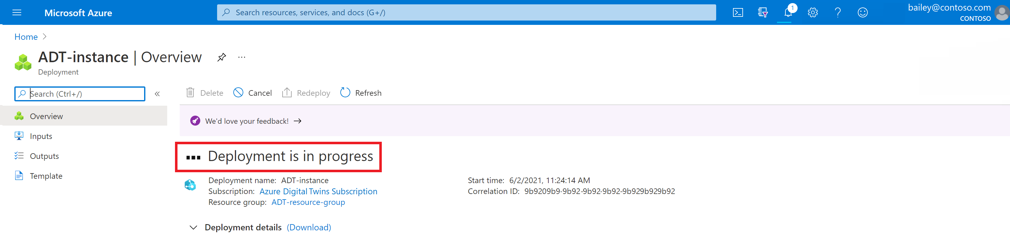 Screenshot der Bereitstellungsseite für Azure Digital Twins im Azure-Portal. Die Seite zeigt an, dass die Bereitstellung im Gange ist.