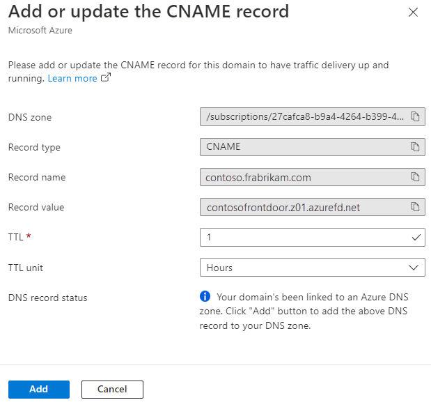 Screenshot des Bereichs „CNAME-Eintrag hinzufügen oder aktualisieren“.