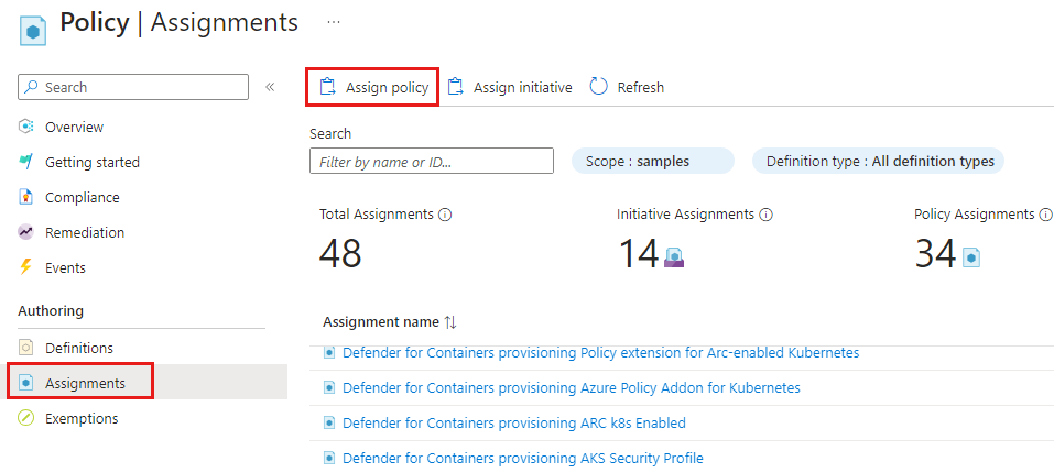 Screenshot of selecting the Assignments page from Policy Overview page.