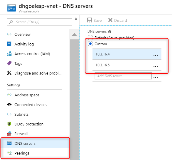 Configuring custom DNS servers for a peered virtual network.