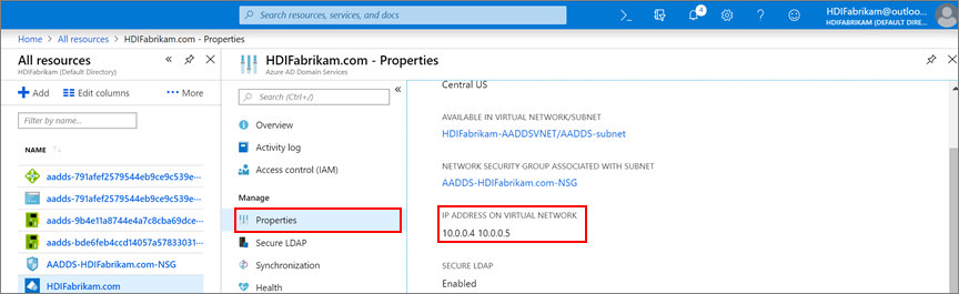 Locate custom DNS IP addresses for Microsoft Entra Domain Services.