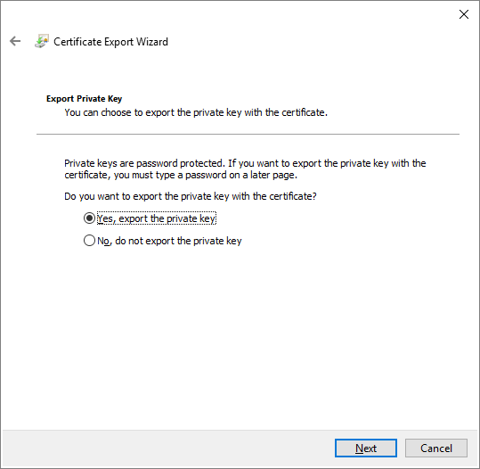 The Export Private Key page of the Certificate Export Wizard.
