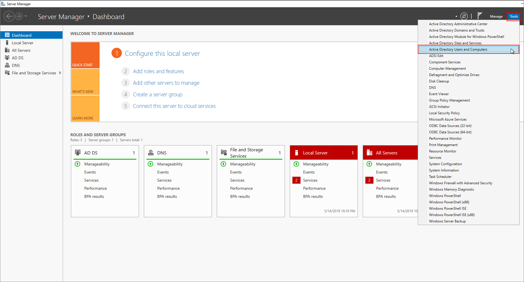 On the Server Manager dashboard, open Active Directory Management.