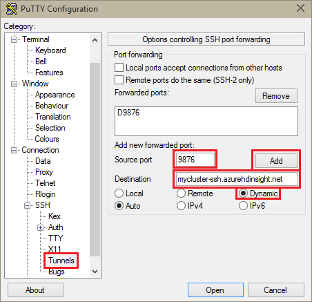 PuTTY Configuration tunneling options.