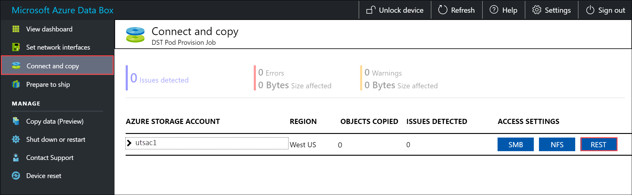 Screenshot: Bereich „Verbindung herstellen und Daten kopieren“, in dem Sie „REST“ als Zugriffseinstellung auswählen können