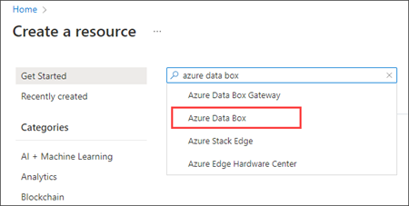 Screenshot des Abschnitts „Neu“ im Azure-Portal mit „Azure Data Box“ im Suchfeld. Der Eintrag „Azure Data Box“ ist hervorgehoben.