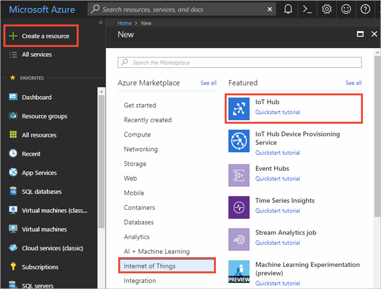 Screenshot of the navigation to IoT Hub in the Azure portal