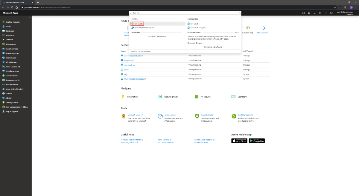 Screenshot of the Azure portal with the search dialog box expanded.