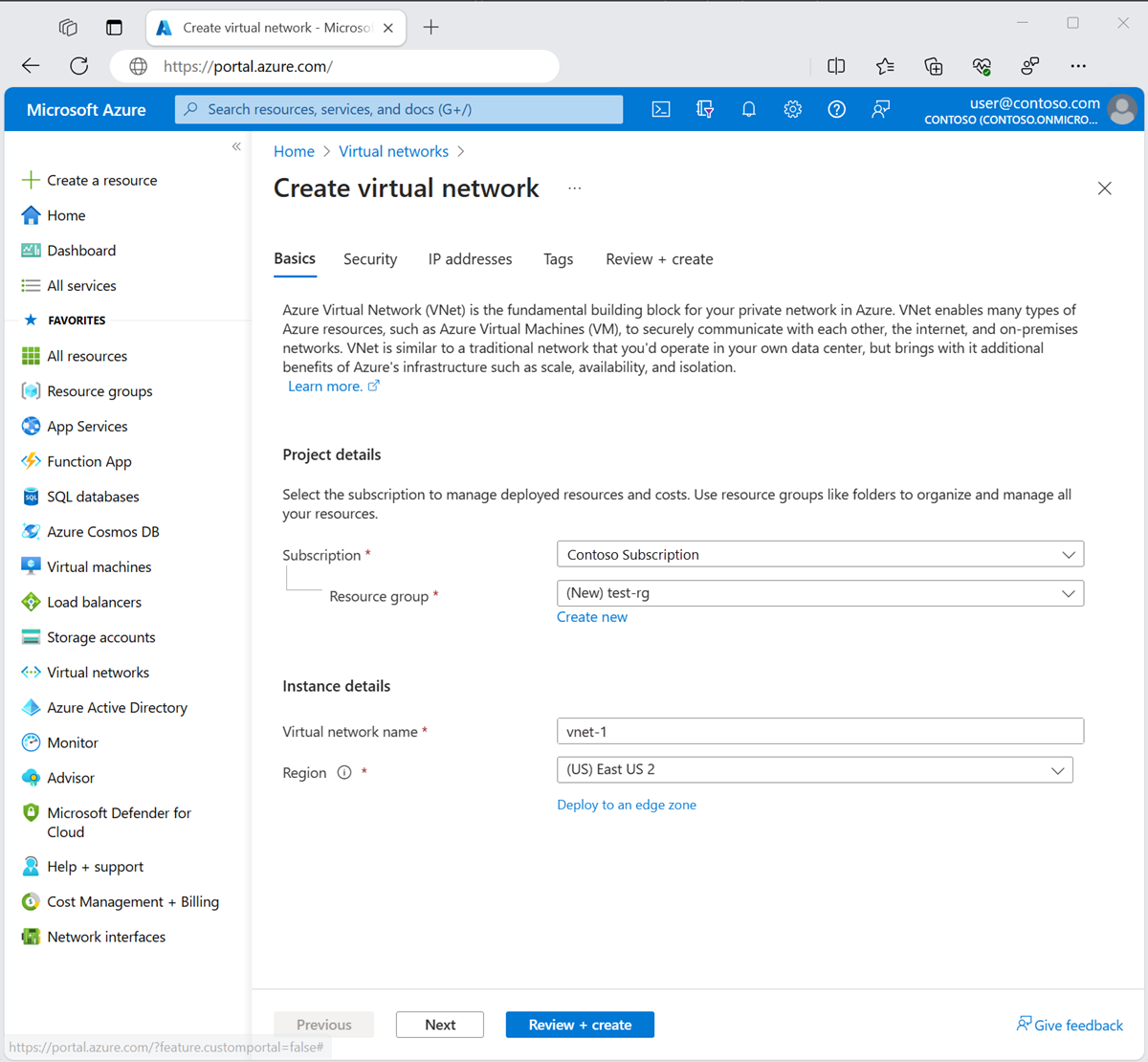 Screenshot der Registerkarte „Grundlagen“ zum Erstellen eines virtuellen Netzwerks im Azure-Portal.