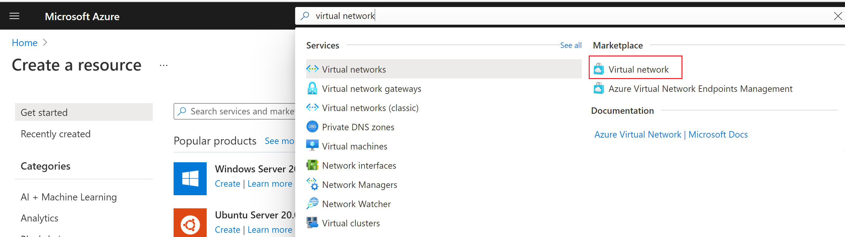 Screenshot shows the Azure portal Search bar results and selecting Virtual Network from Marketplace.