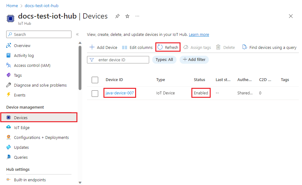 Java device is registered with the IoT hub