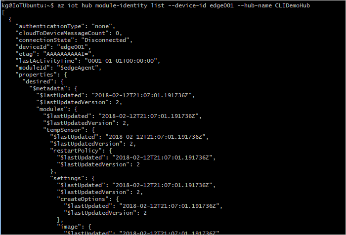 Screenshot der Ausgabe des Befehls „az iot hub module-identity list“
