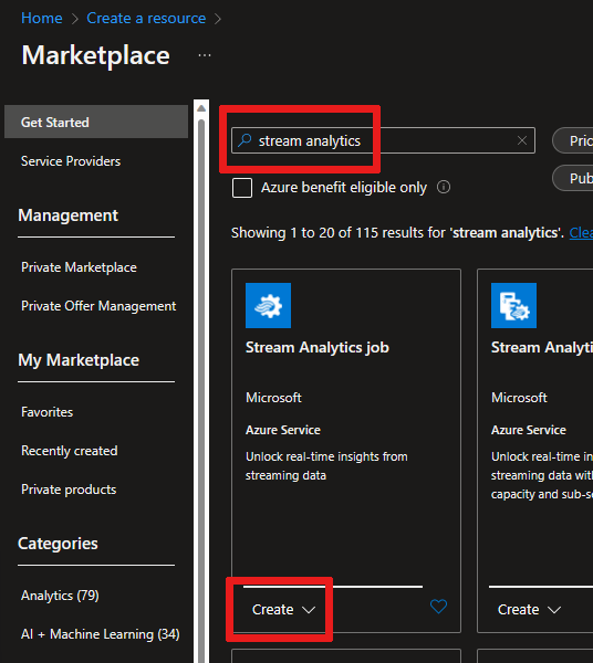 Screenshot: Suchen des Diensts für Stream Analytics-Aufträge im Marketplace und Erstellen eines neuen Auftrags
