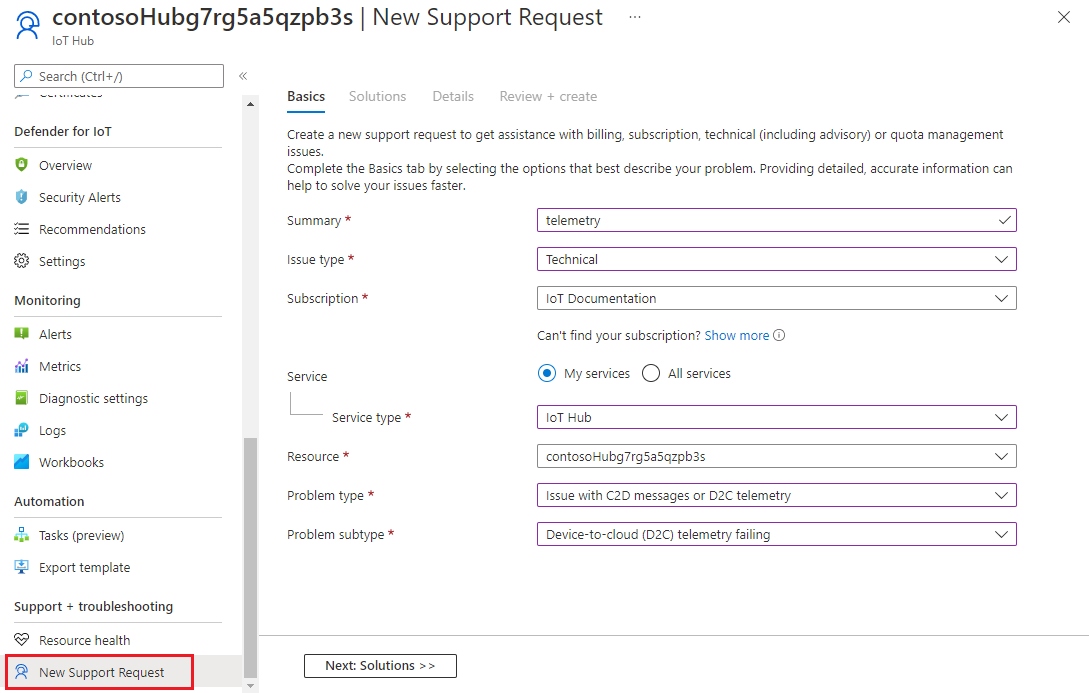 Screenshot: Auswahl eines Issues in Supportanfrage im Azure-Portal.