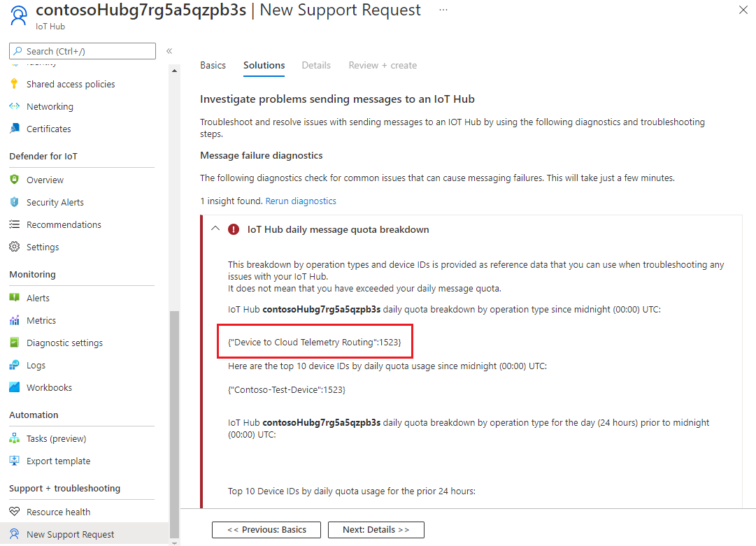 Screenshot: Kontingentverwendung in Supportanfrage im Azure-Portal.