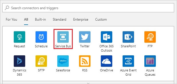Select Service Bus to start creating your logic app in the Azure portal.