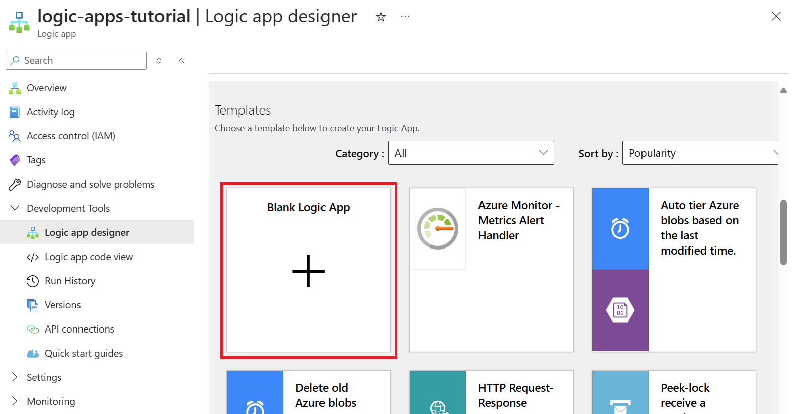 Screenshot that shows selecting the Blank Logic App template.
