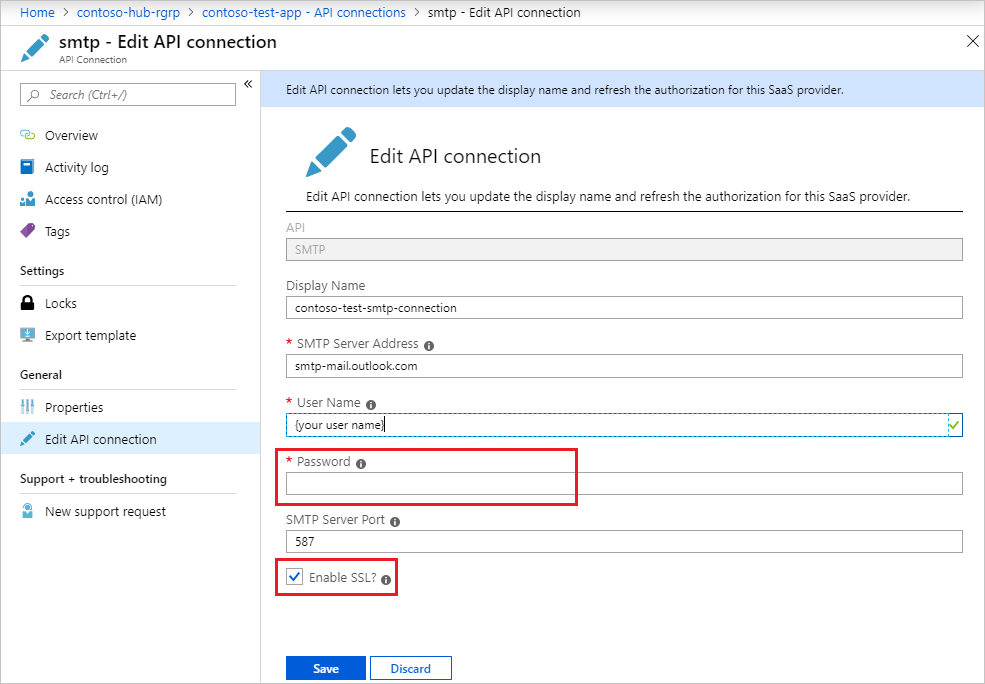 Edit SMTP API connection in your logic app in the Azure portal.