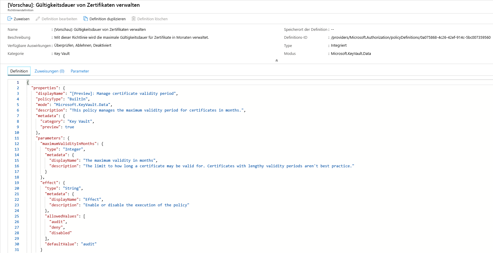 Screenshot: Richtlinie „Gültigkeitsdauer von Zertifikaten verwalten“