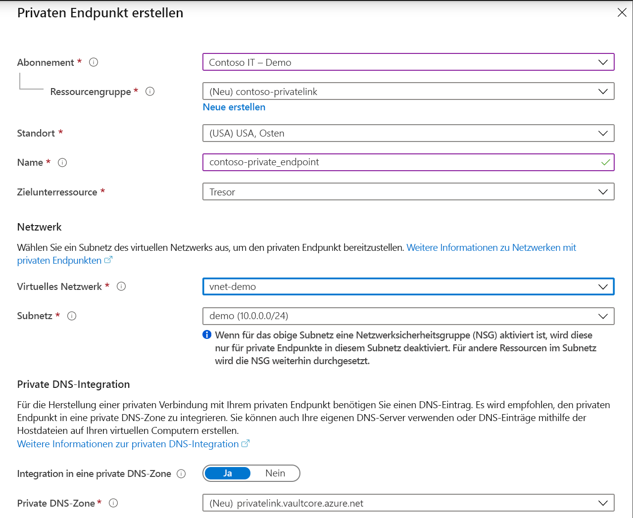 Screenshot that shows the 'Create private endpoint' page with settings selected.