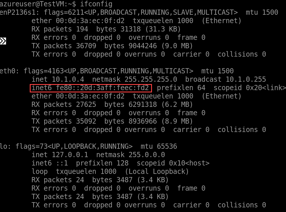 Screenshot von ifconfig mit IPv6-IP-Adresse.