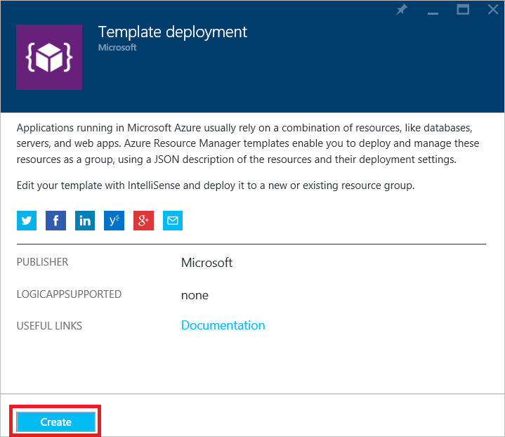 Screenshot shows the description of Template deployment in the Marketplace.