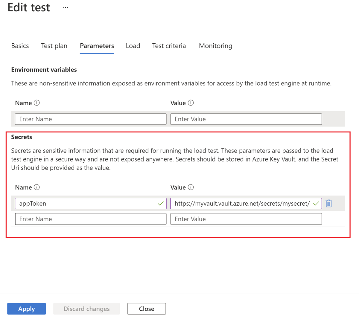 Screenshot that shows where to add secret details to a load test in the Azure portal.