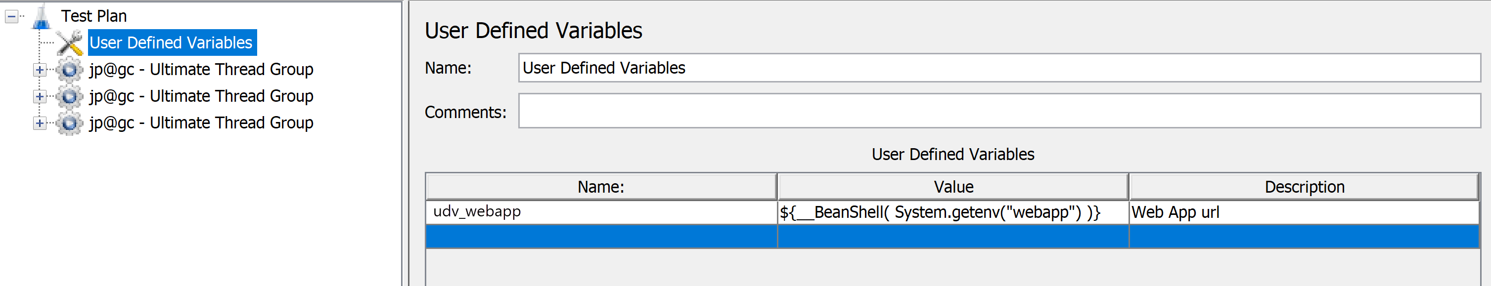 Screenshot that shows how to add user-defined variables for environment variables to your JMeter script.