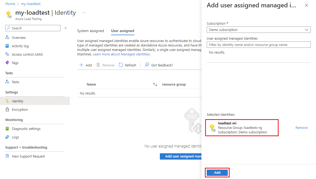Screenshot that shows how to turn on user-assigned managed identity for Azure Load Testing.