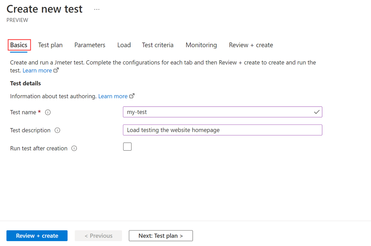 Screenshot that shows the Basics tab for creating a test.