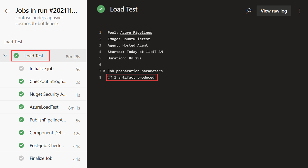 Screenshot that shows how to download the load test results.