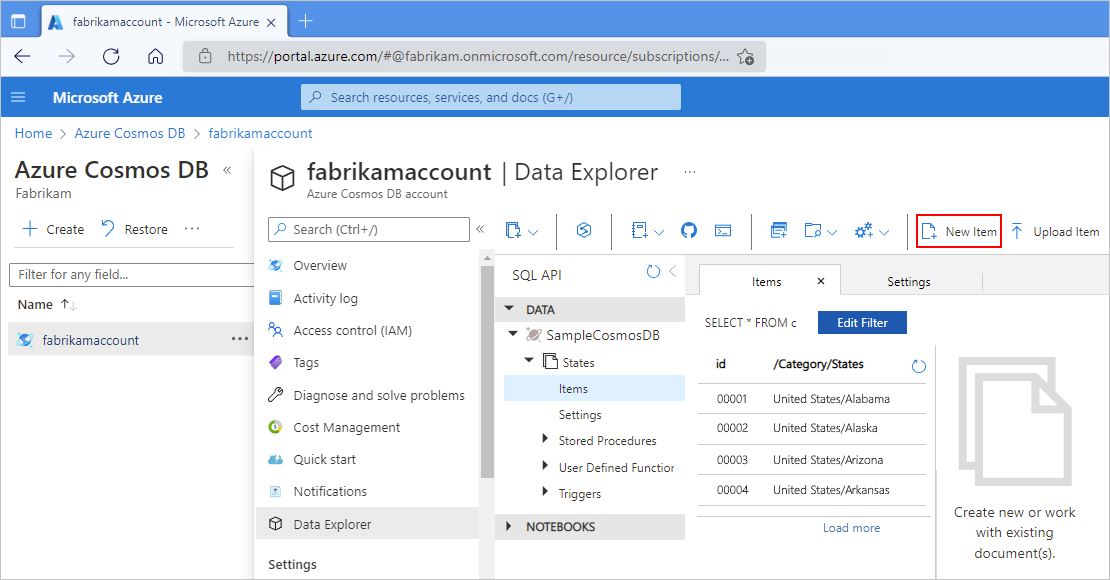 Screenshot showing the Azure portal, Cosmos DB account, and Data Explorer open to the specified database and collection.