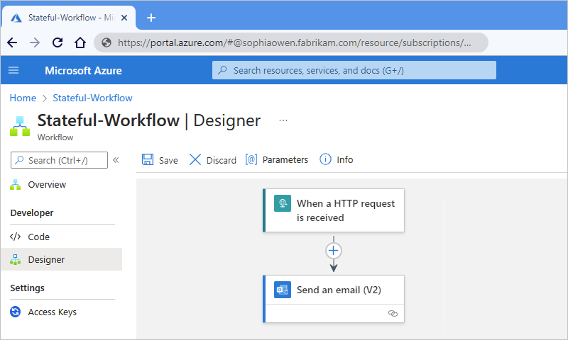 Screenshot des Azure-Portals mit dem Designer für Standard-Logik-App-Workflows.