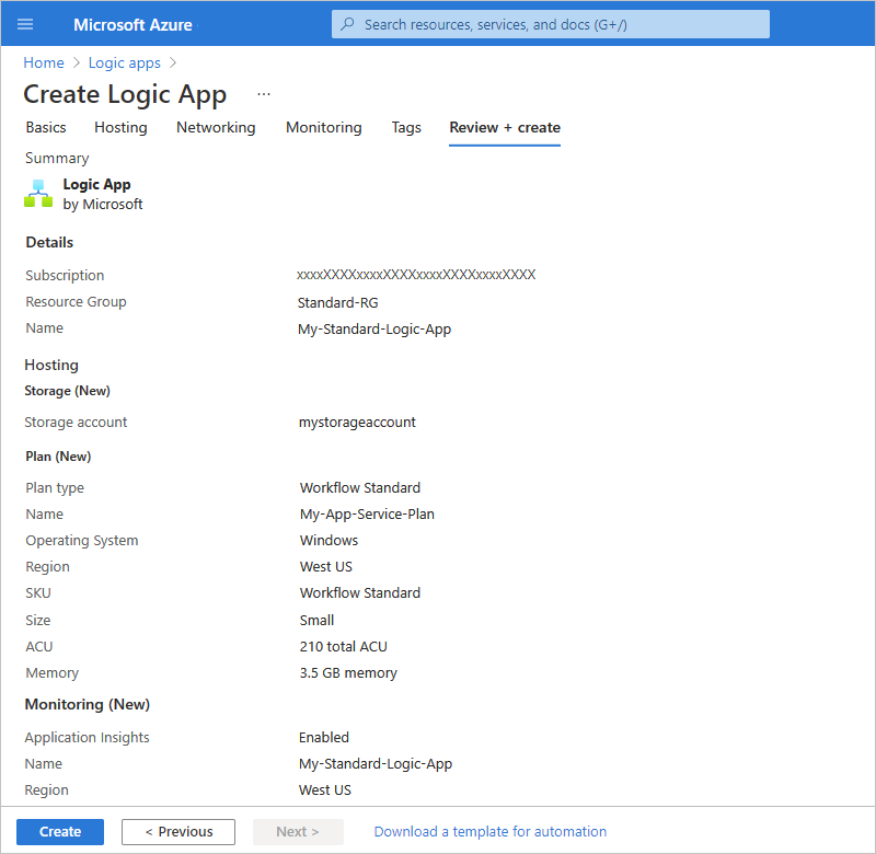 Screenshot des Microsoft  Azure-Portals und der Einstellungen der neuen Logik-App-Ressource