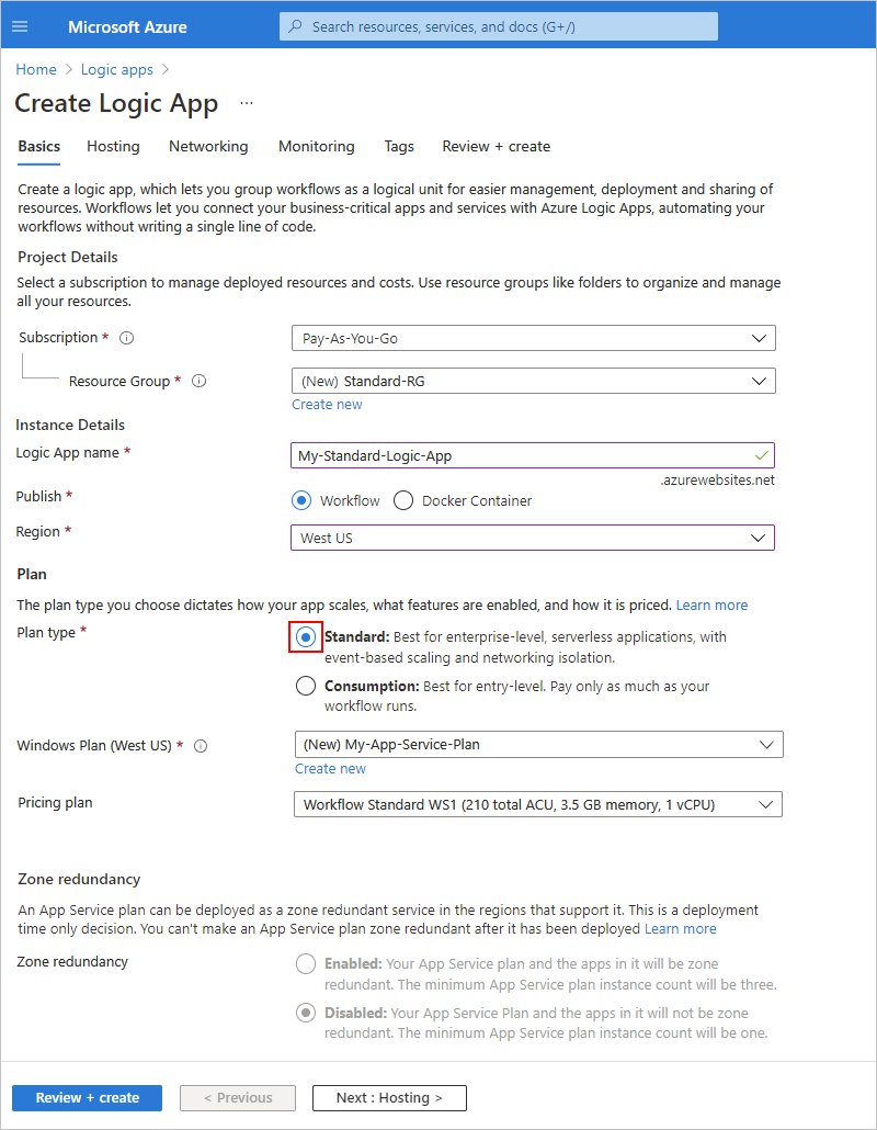 Screenshot des Microsoft Azure-Portals und einer Seite namens „Create Logic App“