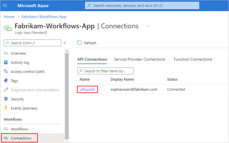 Screenshot, der das Azure-Portal und das Logik-App-Menü zeigt, in dem „Verbindungen“ und der Verbindungsressourcennamen „office365“ ausgewählt sind.