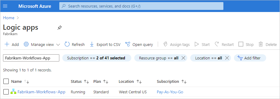 Screenshot that shows the Azure portal and the Logic App (Standard) resources deployed in Azure.
