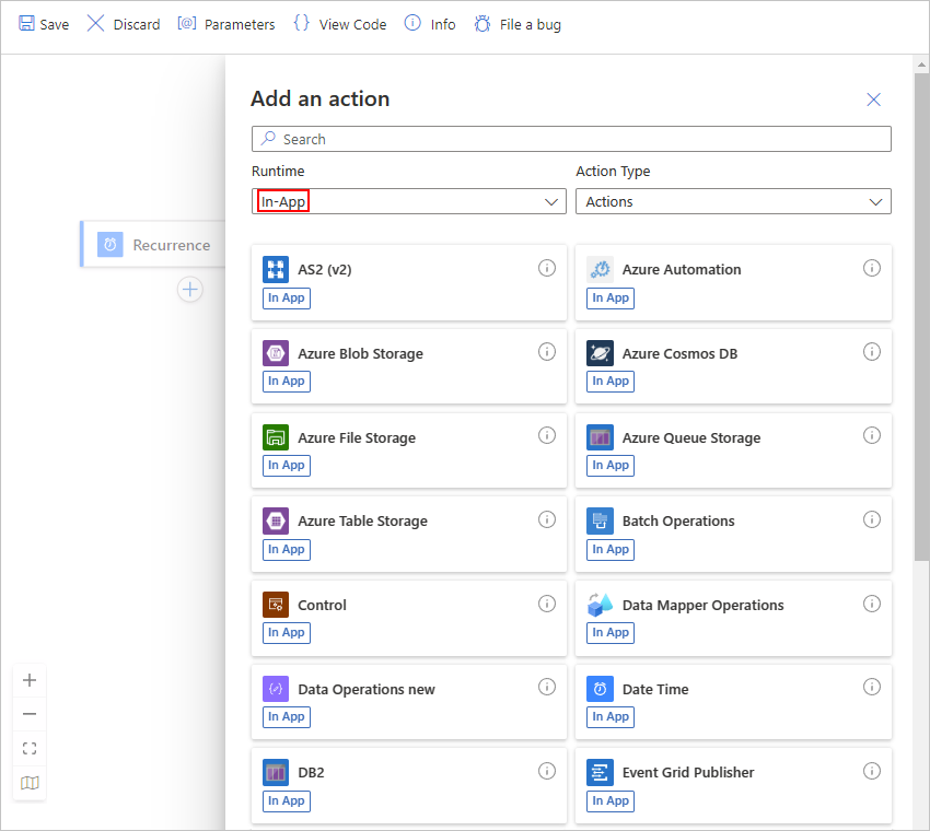 Screenshot des Azure-Portals, des Designers für Standard-Logik-App-Workflows mit einem Trigger und des Katalogs für Connectors mit Aktionen aus der Gruppe „In-App“.