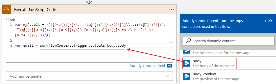 Screenshot: Workflow vom Typ „Verbrauch“, Aktion „JavaScript-Code ausführen“, Liste dynamischer Inhalte und ausgewählte Eigenschaft „Text“ der E-Mail