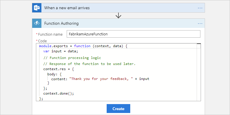Screenshot showing the function authoring editor with template function definition.