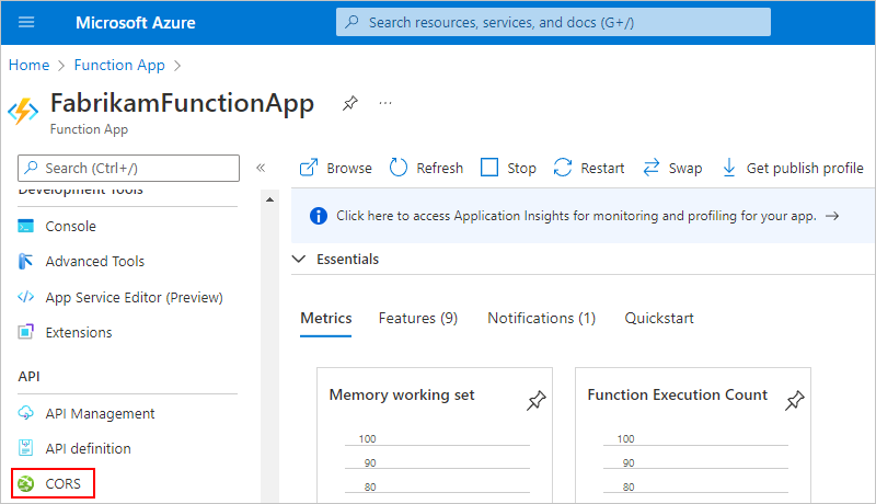 Screenshot showing the Azure portal, the function app resource menu with the 