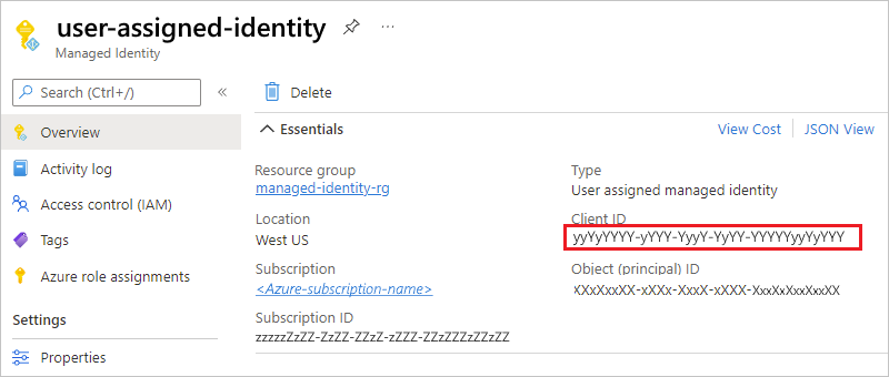 Screenshot showing the user-assigned identity's 