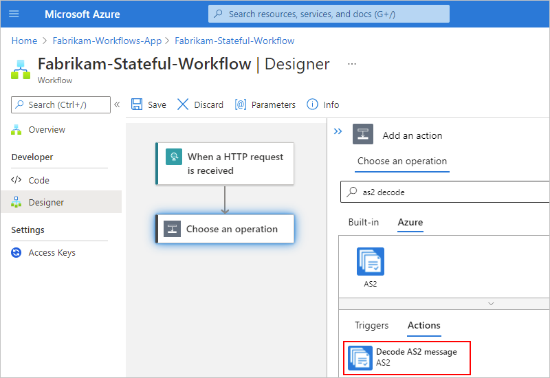 Screenshot von Azure-Portal, Workflow-Designer und ausgewähltem Vorgang „AS2-Nachricht decodieren“